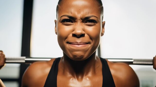 A strong woman performing an intense barbell squat at the gym. Close-up of her determined face during a powerful weightlifting exercise. Fitness motivation