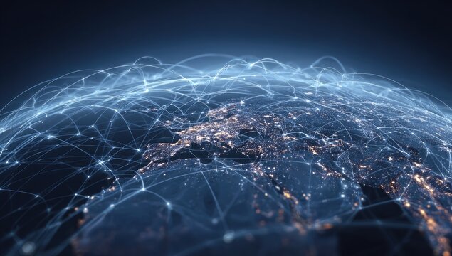 Illuminated, stylized Earth globe, interconnected with luminous digital pathways, global network concept