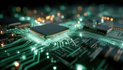 Fototapeta premium Close-up of a computer processor on a circuit board, with blurred glowing lights