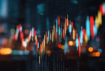 Abstract visualization with blurred cityscape behind colorful financial data chart display