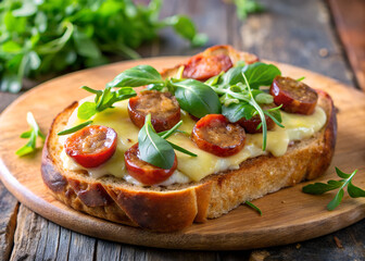 Savory sausage and cheese toast with fresh greens offers a delightful meal.