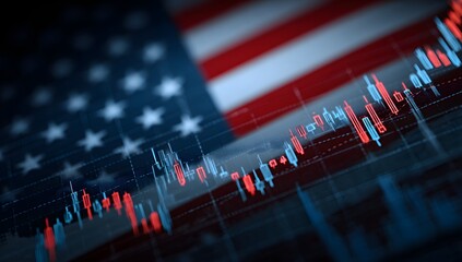 Abstract representation of the united states financial market performance with a blurred american flag in the background symbolizing economic trends and national prosperity