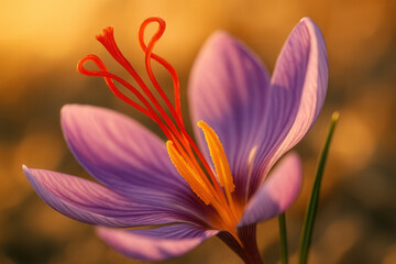 Fototapeta premium Vibrant Purple Saffron Crocus Bloom with Red Stigmas and Yellow Pistil on Golden Sunset Backdrop