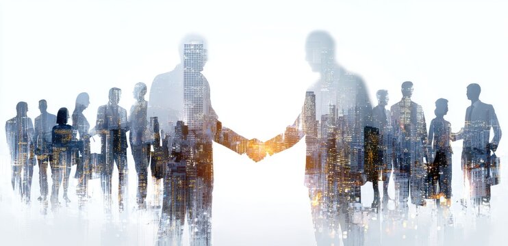 Overlay image of city within people shaking hands, with a team of other people in the background