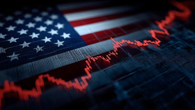 Abstract representation of the united states economy facing a downturn with a downward trending financial chart overlaid on the national flag