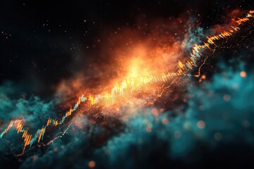 Abstract financial chart amidst fiery bursts and celestial haze in vibrant teal and orange