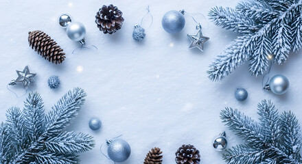 Winter Holiday Frame with Pine Branches, Silver Ornaments, and Pinecones