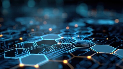 A close-up of a futuristic hexagonal grid with glowing lights