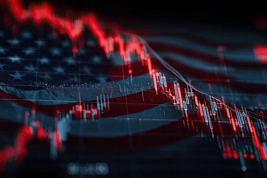 A graph in red color, declining over an American flag. Financial crisis concept