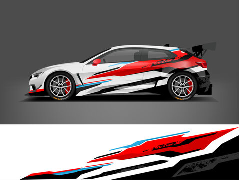 Red and white sport livery car wrap with sharp geometric streaks and aerodynamic flow. Delivered as editable vector EPS 10
