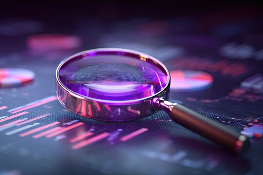 A magnifying glass rests upon data charts with a shallow depth of field in a dark, purple-lit scene