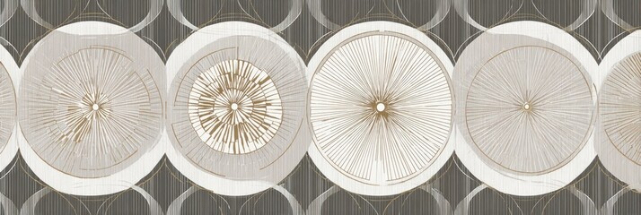 Repeating pattern of circles and lines, with alternating gray and cream colors forming an abstract design