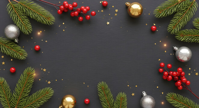 Festive Christmas Flat Lay with Ornaments, Berries, and Pine Branches - Powered by Adobe