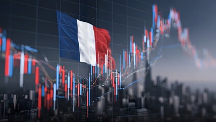 French national flag waving prominently above a blurred cityscape with a dynamic financial stock market graph overlay indicating economic trends and investment activity