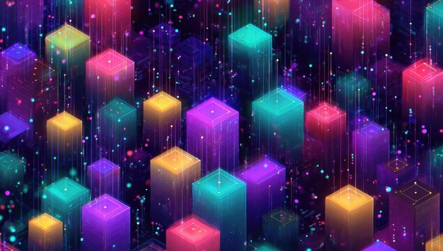 Abstract digital art showing a cityscape of colorful illuminated cubes on a dark background