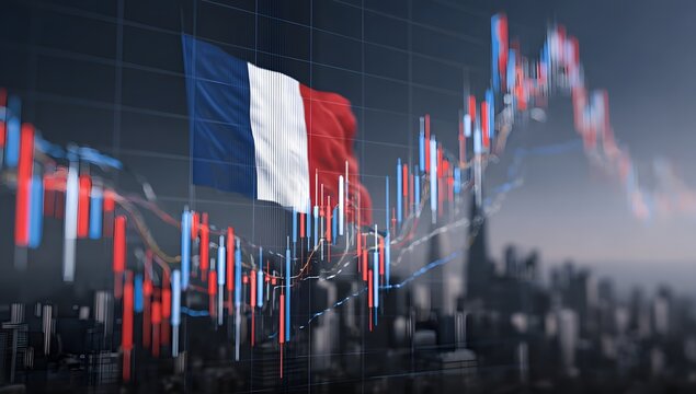 French national flag waving prominently above a blurred cityscape with a dynamic financial stock market graph overlay indicating economic trends and investment activity