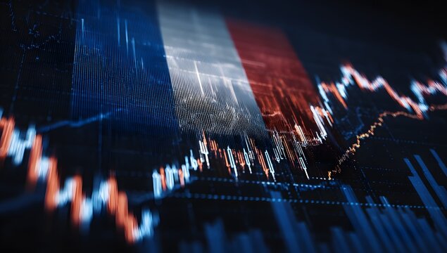 Abstract representation of the french national flag superimposed over a dynamic stock market trading chart with fluctuating financial data and economic trends