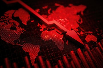 Red stylized world map with a downward arrow, representing economic decline