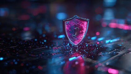 Glowing shield icon with keyhole superimposed on a circuit board, suggesting digital protection