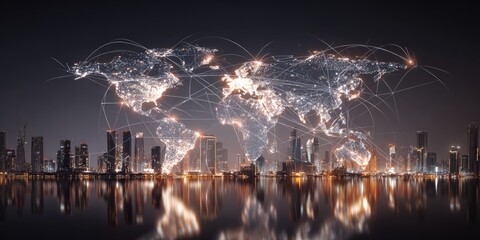 A night cityscape with the world map visualized by city lights and connection lines