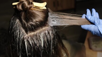 A skilled stylist applies hair color using a brush, clearly demonstrating techniques for even coverage and vibrant results in a cozy salon setting