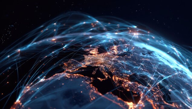 Digital representation of global connections and data flow around an illuminated world - Powered by Adobe