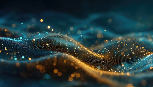 Abstract digital art of flowing, layered, wavy lines with glowing, glittering particles