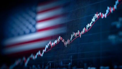 Dynamic stock market chart with upward trend superimposed over a blurred american flag symbolizing economic growth and national financial progress