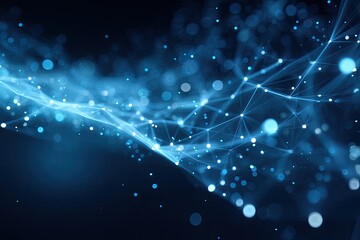 Abstract, glowing blue network with connected dots and lines in a dark background