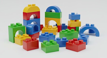 Colorful Building Blocks Composition: Architectural Structures on White Background