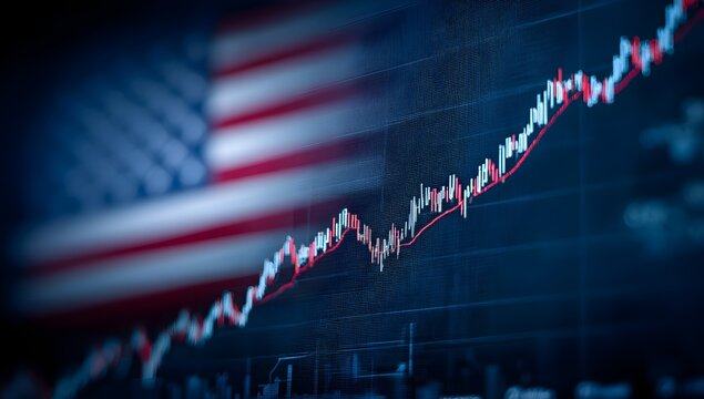 Dynamic stock market chart with upward trend superimposed over a blurred american flag symbolizing economic growth and national financial progress