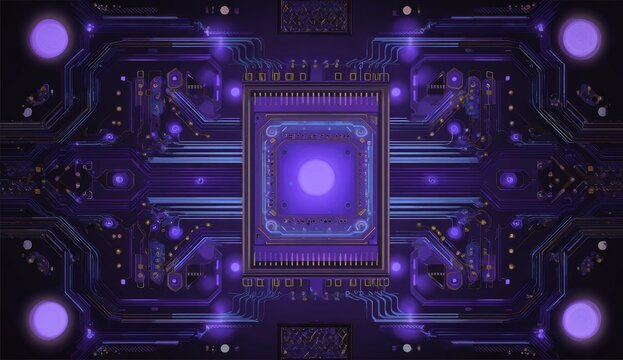 A glowing digital circuit board illustration featuring a central processor & connected nodes in a purple hue - Powered by Adobe