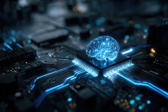 Glowing brain illustration perched on a digital circuit board, representing artificial intelligence