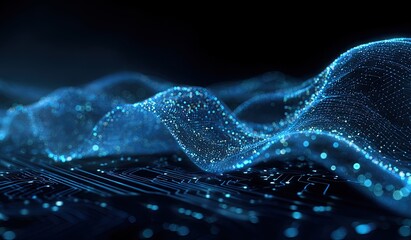Abstract blue data stream over a circuit board, illuminated dots forming a flowing wave