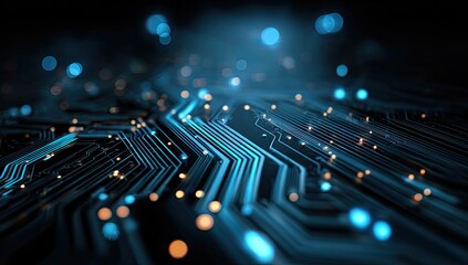 Futuristic circuit board with glowing blue and orange nodes, hinting at interconnected data flow