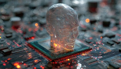 A translucent human head rests atop a computer chip, glowing with a warm light. It is abstract