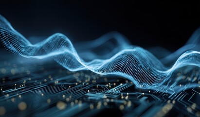 Abstract rendering features a digital circuit board with glowing blue wave-like structures