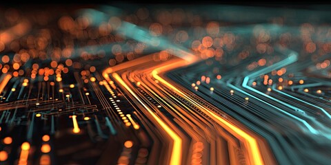 Abstract depiction of a computer circuit board with glowing orange and blue lines