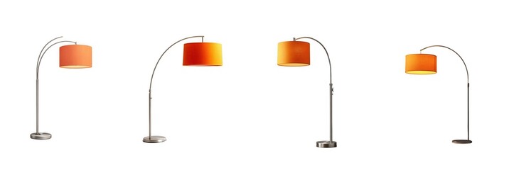 Four modern arc floor lamps with orange drum shades, isolated on transparent background