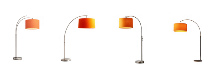 Four modern arc floor lamps with orange drum shades, isolated on transparent background