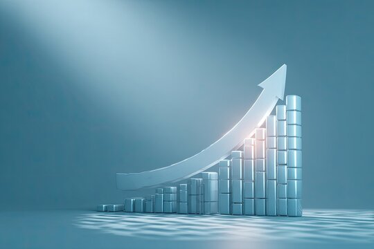 A 3D rendered bar chart, depicting growth with an upward-pointing arrow and spotlight