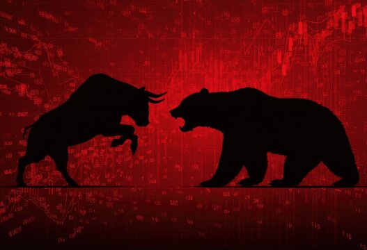Silhouette of a bull facing a bear against a red backdrop with faint stock charts