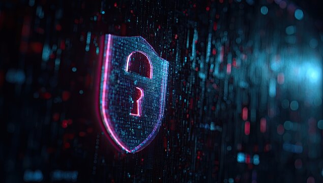 Glowing security shield icon overlaid on a digital data matrix, representing protection and encryption