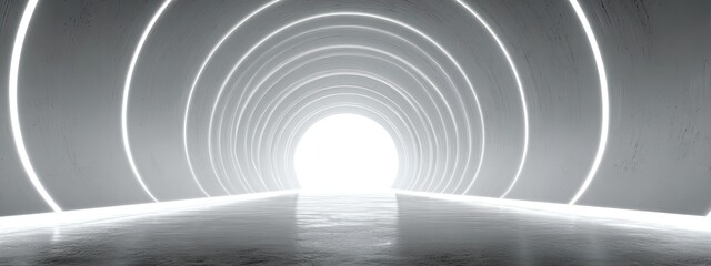 Obraz premium A futuristic, tunnel-like structure with neon-lit archways leading to a bright, glowing exit