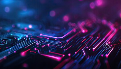 Close-up of an illuminated circuit board with vibrant blue and magenta pathways