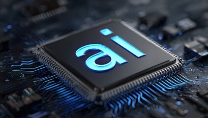 Close-up of a computer chip with illuminated "ai" on it, surrounded by circuits