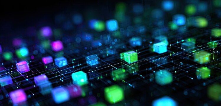 Abstract digital landscape composed of vibrant, glowing cubes connected by lines, creating a network