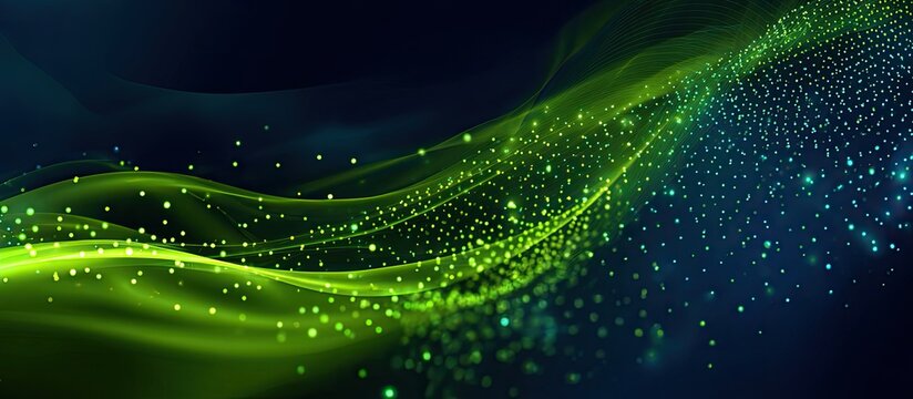 Abstract green waves flow through a dark blue background, dotted with particles, creating an ethereal design