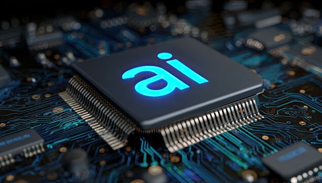 Close-up of a computer chip with the glowing blue letters "ai" on its surface