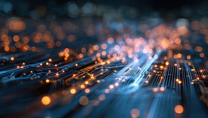 Abstract macro view of a circuit board with glowing orange and blue points and lines